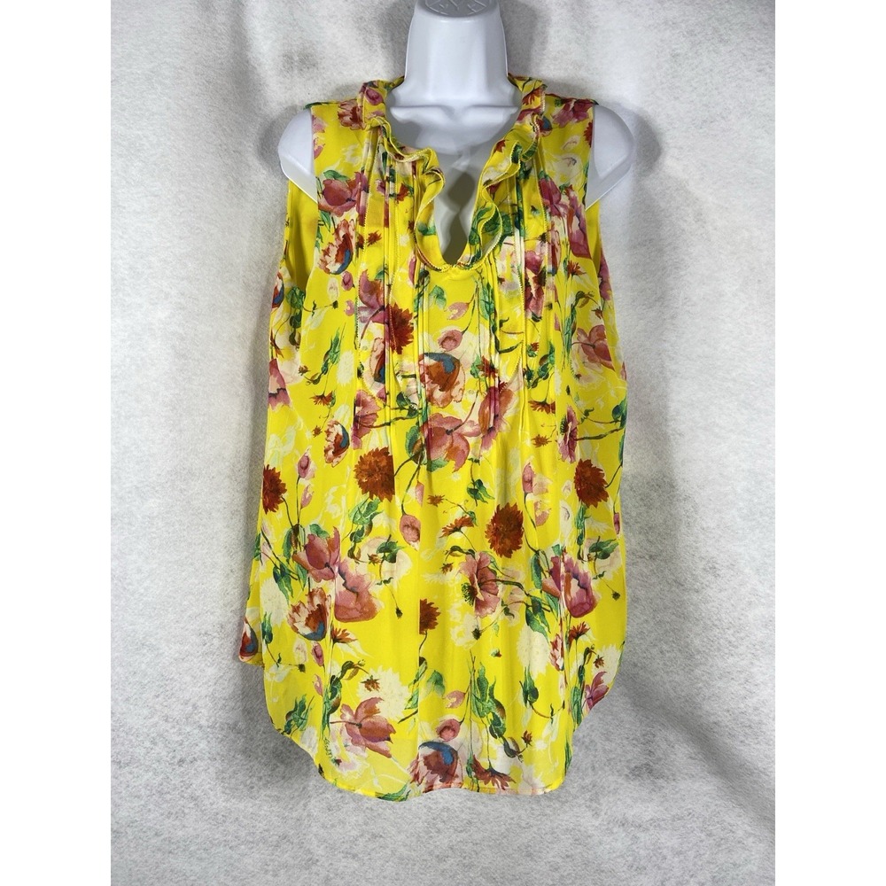 Rose + Olive Top Women's Large Yellow Sleeveless Overlay Floral Chiffon V-Neck